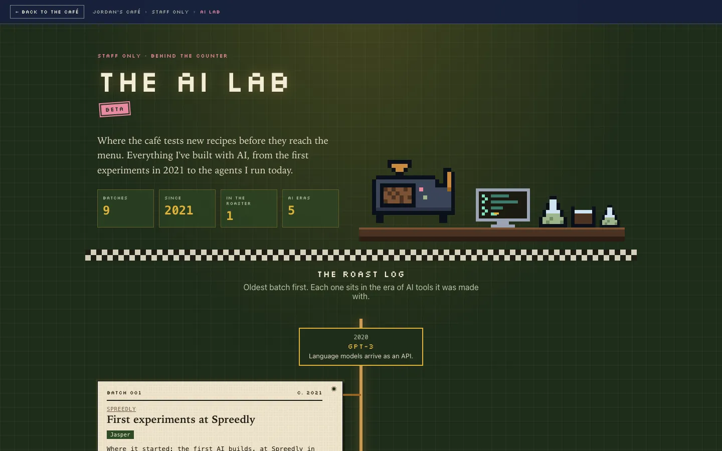 The AI Lab: a deep green back room with a pixel-art roaster, monitor, and flasks, above a log of AI builds.