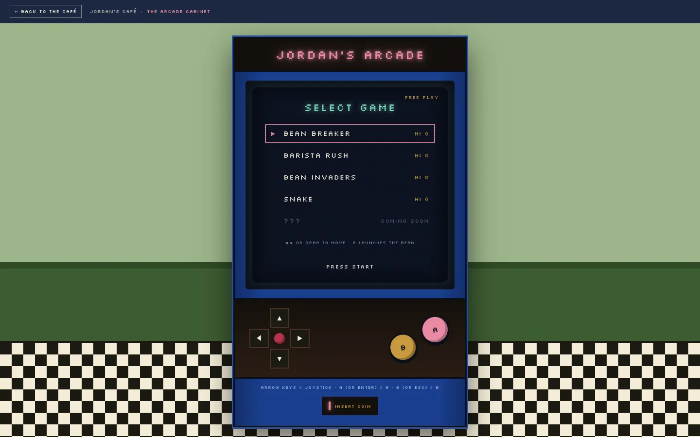 The arcade cabinet's game-select screen: Bean Breaker, Barista Rush, Bean Invaders, and Snake.