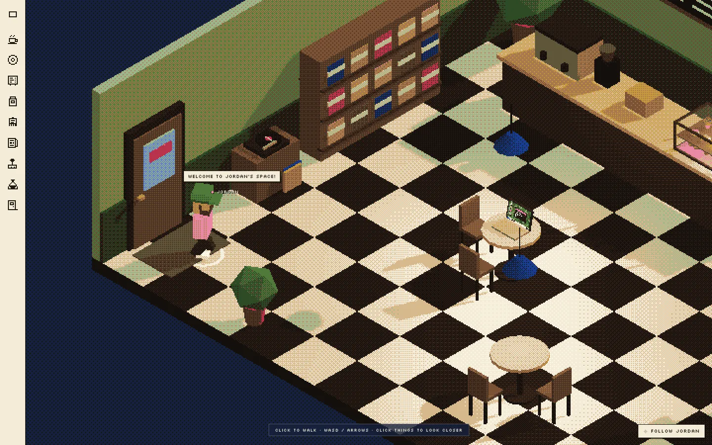 The café from above: a dithered, isometric 3D coffee shop with a checkered floor, a bean shelf, and Jordan's avatar at the door.