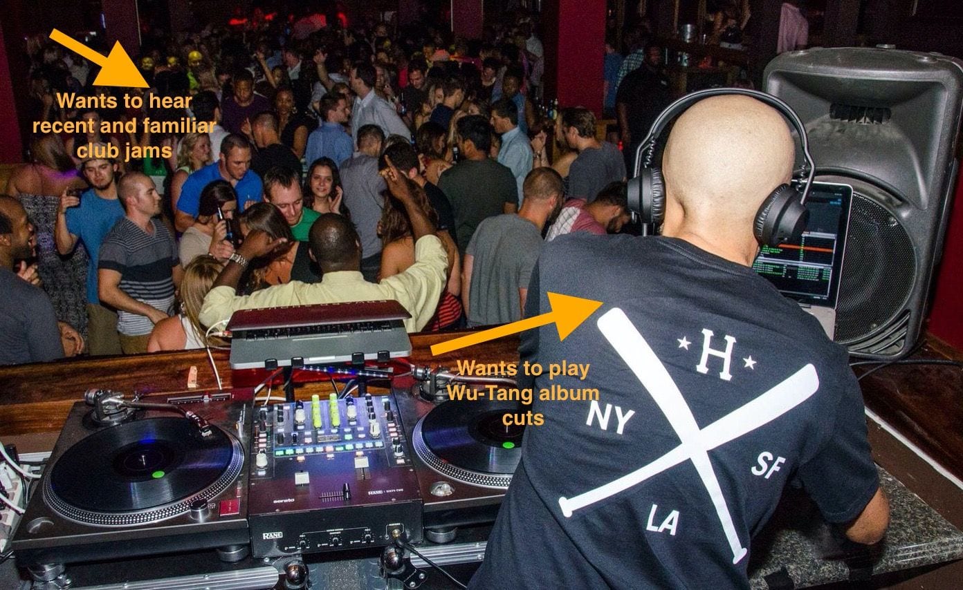 When you focus on your audience / customers and not yourself, cool stuff happens. [Me DJing at Oak Room in Charlotte, NC circa 2014]